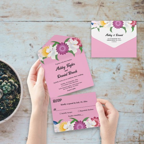 Blush Pink Country Modern Spring Floral Wedding All In One Invitation