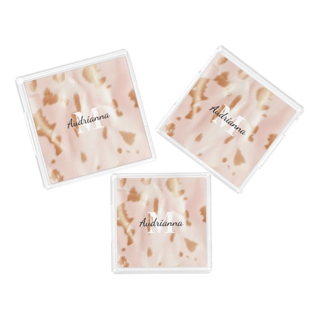 Blush Pink Cowgirl Cowhide Monogram Acrylic Tray (Set)
