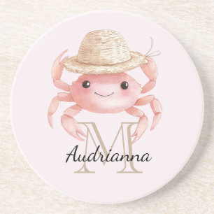 Blush Pink Crab with Hat Monogram Coaster