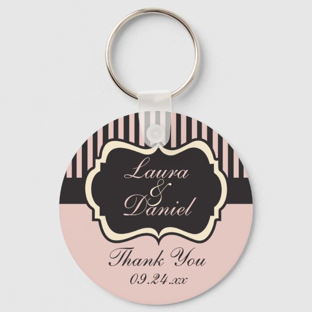 Blush Pink, Cream, and Gray Striped Wedding Favor Keychain (Front)