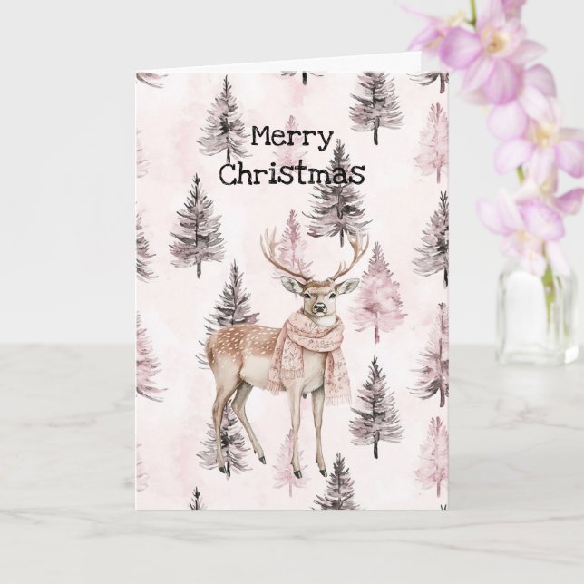 Blush Pink Cream Deer Scarf Christmas Trees Card (Orchid)