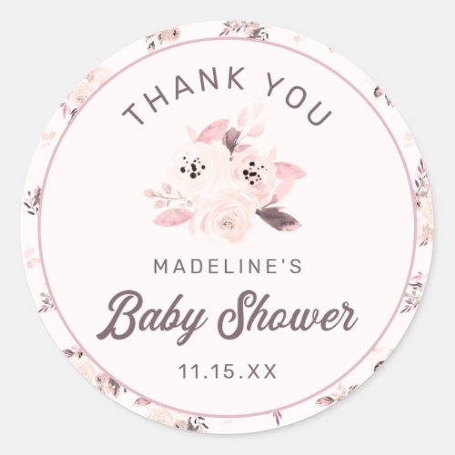 Blush Pink  Cream Floral Baby Shower Thank You Classic Round Sticker