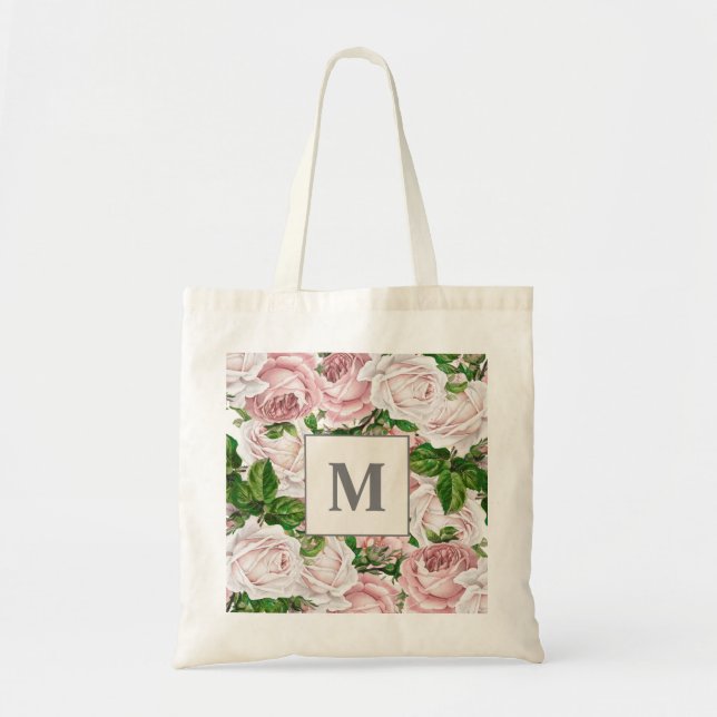 Blush Pink Cream Floral Monogram Initial Tote Bag (Front)