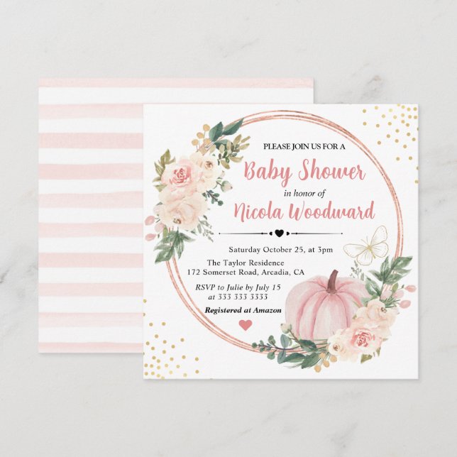 Blush Pink & Cream Floral Pumpkin Baby Shower Invitation (Front/Back)