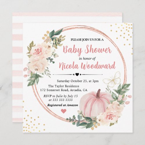Blush Pink  Cream Floral Pumpkin Baby Shower Invitation