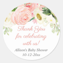 Blush pink cream floral watercolors baby shower classic round sticker