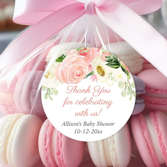 Blush pink cream floral watercolors baby shower classic round sticker (Creator Uploaded)