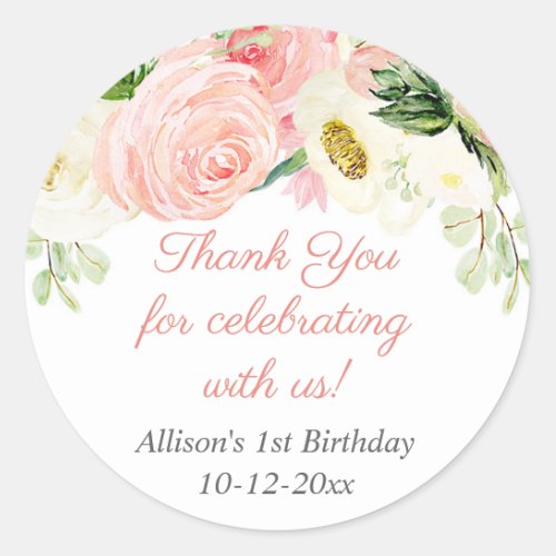 Blush pink cream floral watercolors birthday party classic round sticker