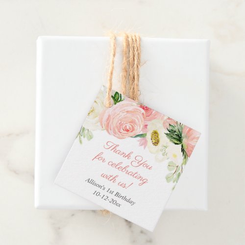 Blush pink cream floral watercolors birthday party favor tags