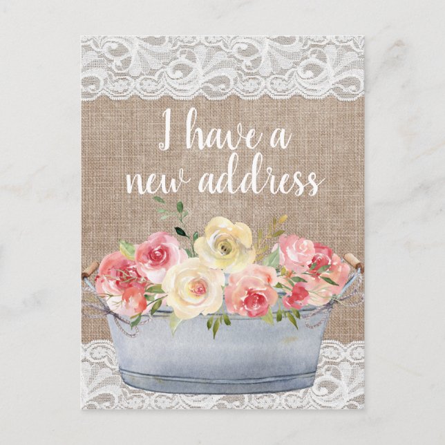 Blush Pink Cream Flowers Metal Pot Change Address Postcard (Front)
