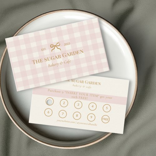 Blush Pink Cream Gingham Bow Bakery Loyalty Punch Business Card