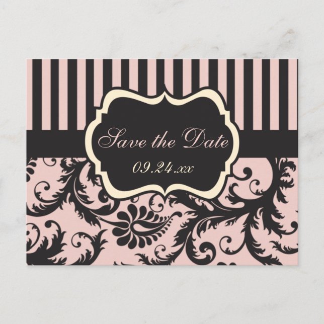 Blush Pink, Cream, Gray Damask Save the Date Card (Front)