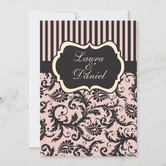 Blush Pink, Cream, Gray Damask Striped Invitation (Front)