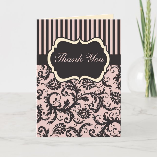 Blush Pink, Cream, Gray Damask Thank You Card II (Front)