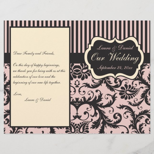 Blush Pink, Cream, Gray Damask Wedding Program (Front)
