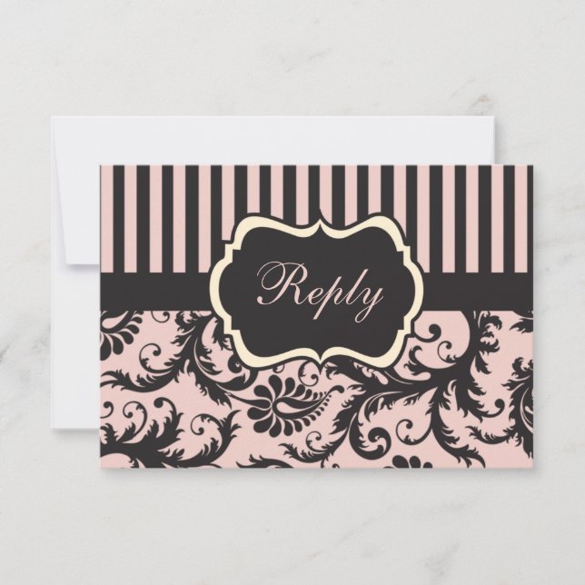 Blush Pink, Cream, Gray Stripe Damask Reply Card (Front)