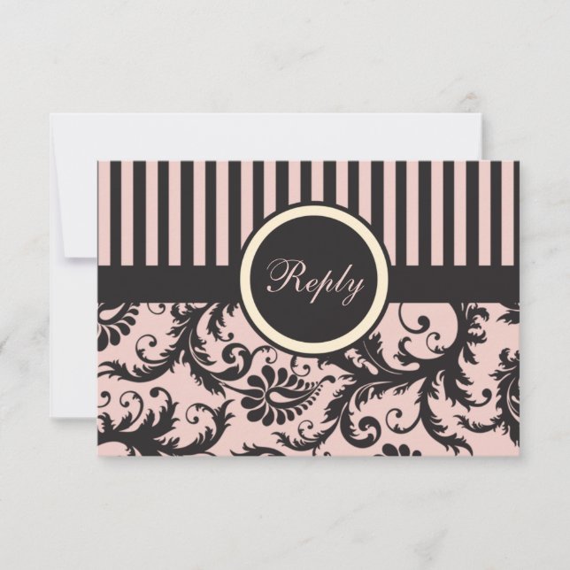 Blush Pink, Cream, Gray Stripe Damask Reply Card (Front)
