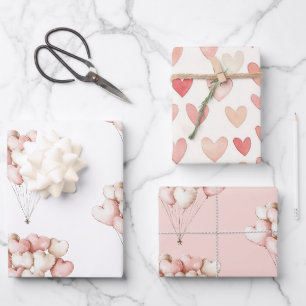 Blush Pink Cream Hearts Balloons Birthday   Wrapping Paper Sheets