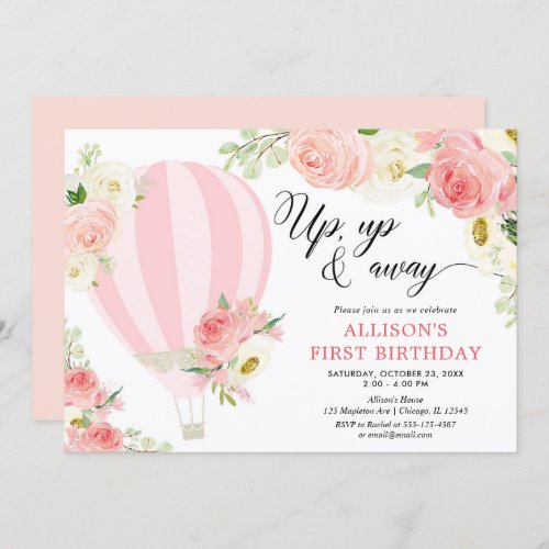 Blush pink cream hot air balloon girl birthday invitation