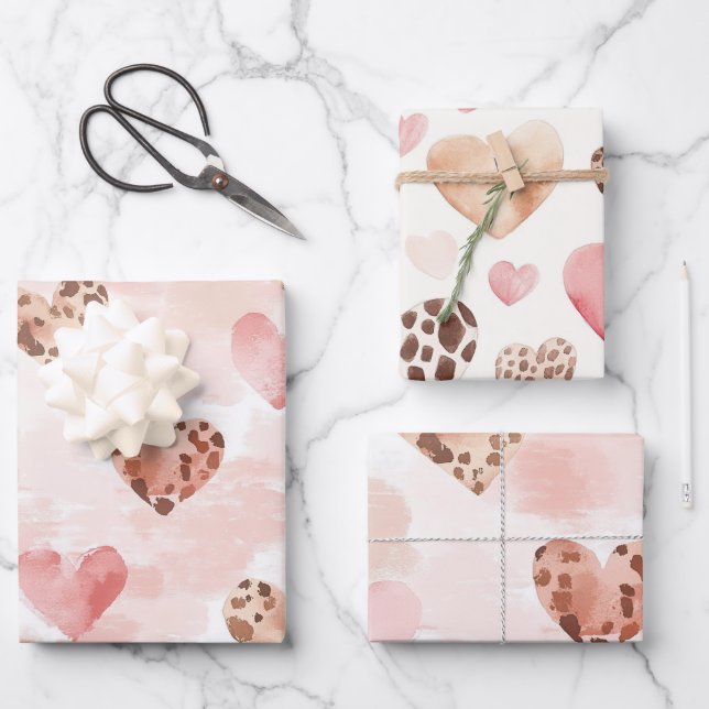 Blush Pink Cream Leopard Hearts Birthday Wrapping Paper Sheets (Front)