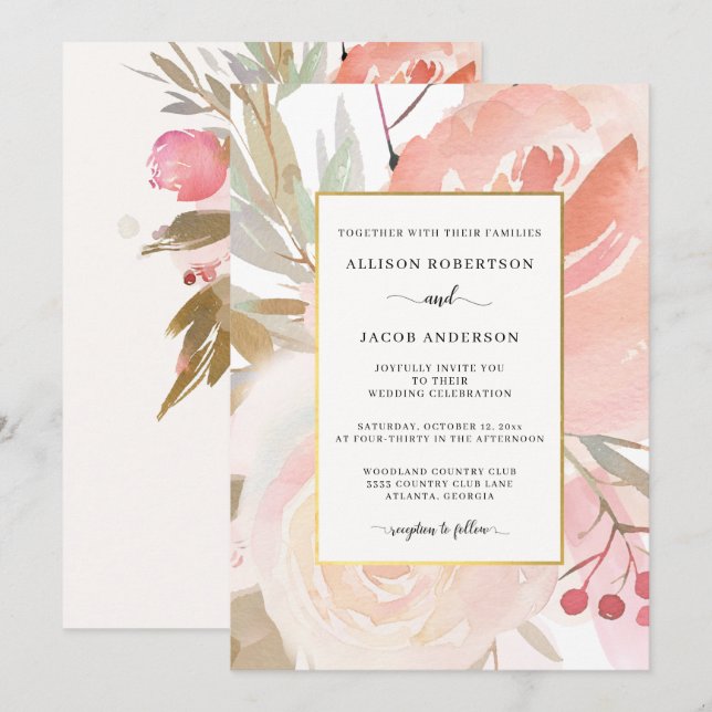 Blush Pink Cream Peach Sage Green Gold Wedding Invitation (Front/Back)
