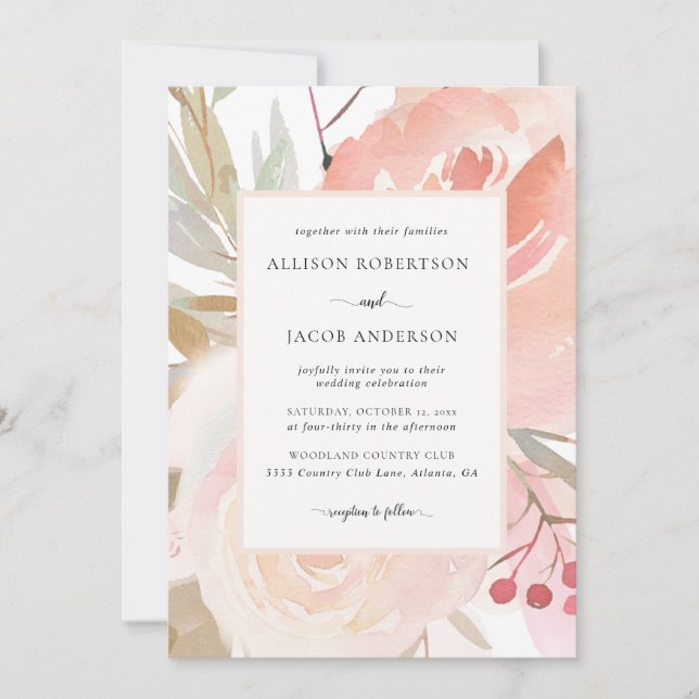 Blush Pink Cream Peach Sage Green Wedding Invitation (Front)
