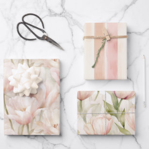 Blush Pink Cream Peach Tulips Floral Bridal Shower Wrapping Paper Sheets