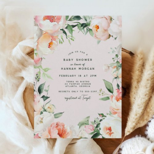 Blush Pink Cream Peony Floral Baby Girl Shower Invitation