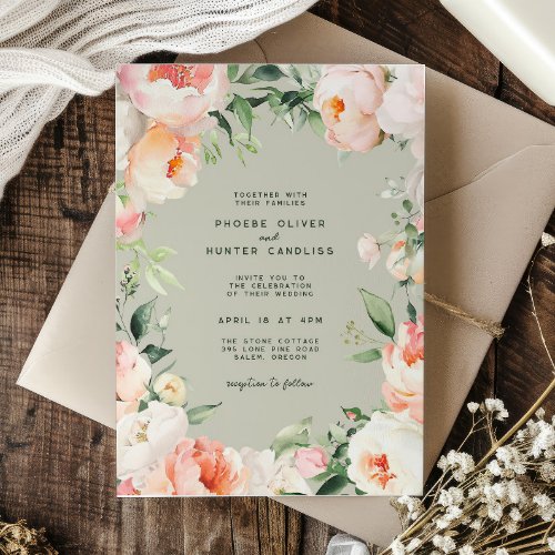 Blush Pink Cream Peony Floral Greenery Wedding Invitation