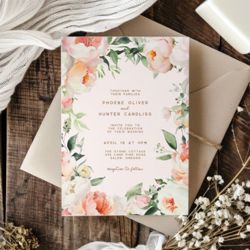 Blush Pink Cream Peony Floral Greenery Wedding Invitation