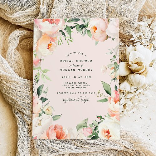 Blush Pink Cream Peony Floral Leaves Bridal Shower Invitation