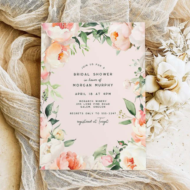 Blush Pink Cream Peony Floral Leaves Bridal Shower Invitation (Creator Uploaded)