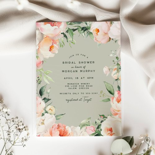 Blush Pink Cream Peony Floral Leaves Bridal Shower Invitation