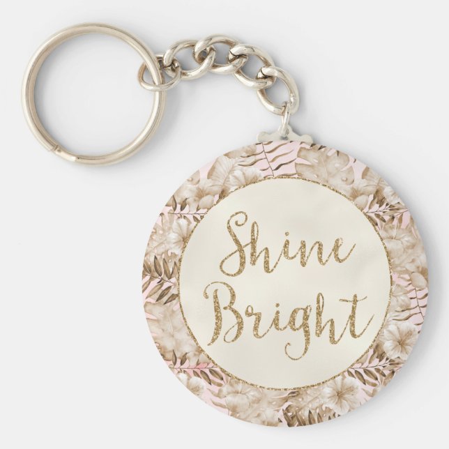 Blush Pink Cream Tropical Leaves Floral Shine   Keychain (Front)