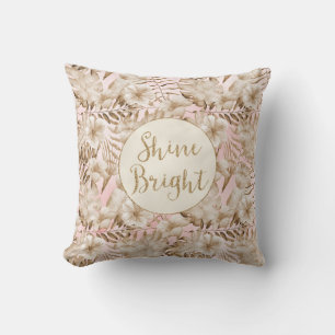 Blush Pink Cream Tropical Leaves Floral Shine Throw Pillow