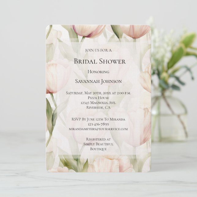 Blush Pink Cream Tulips Floral Bridal Shower Invitation (Standing Front)