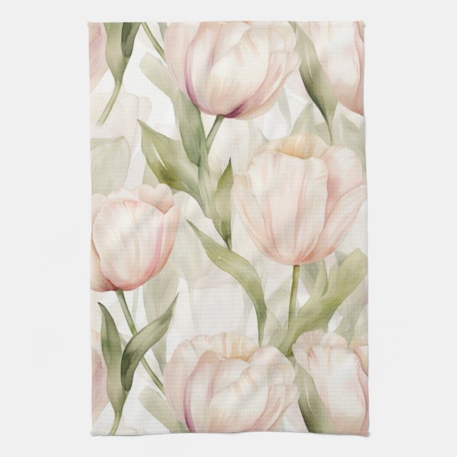 Blush Pink Cream Tulips Floral Bridal Shower Kitchen Towel (Vertical)