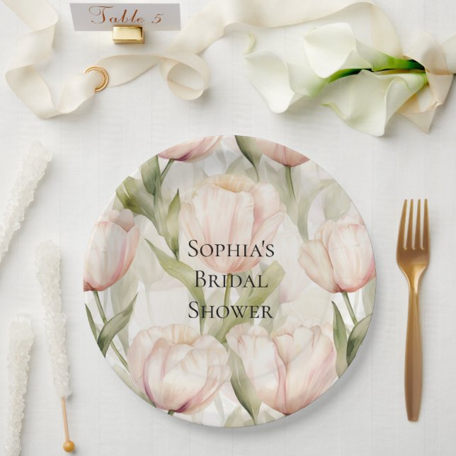 Blush Pink Cream Tulips Floral Bridal Shower Paper Plates (Wedding)