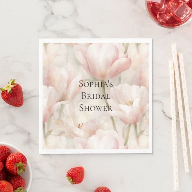 Blush Pink Cream Tulips Flowers Bridal Shower Napkins (Insitu)