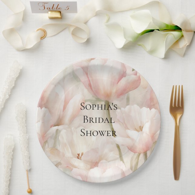 Blush Pink Cream Tulips Flowers Bridal Shower Paper Plates (Wedding)