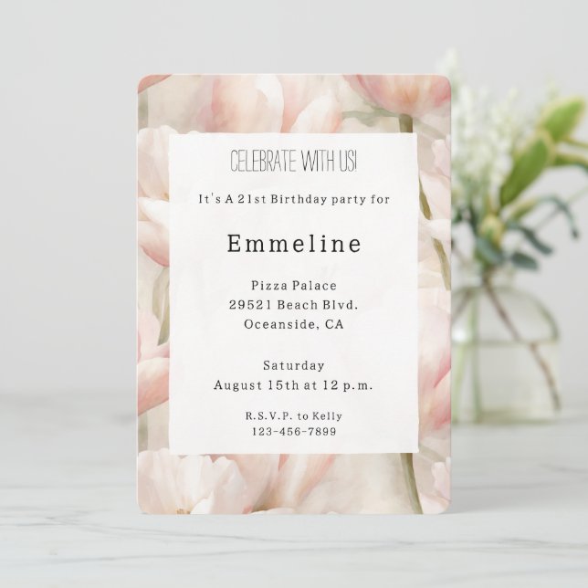Blush Pink Cream Tulips Flowers Romantic Birthday Invitation (Standing Front)