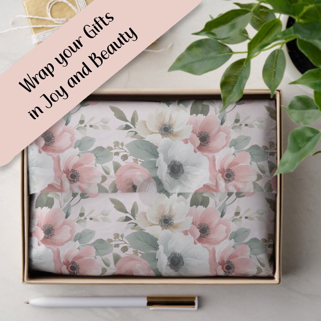 Blush Pink Cream Watercolor Floral  Tissue Paper (Blush pink and white watercolor floral gift tissue paper)