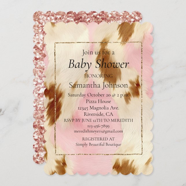 Blush Pink Cream White Brown Cowhide Invitation (Front/Back)