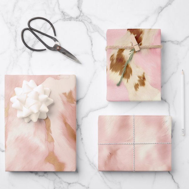 Blush Pink Cream White Gold Cowhide Wrapping Paper Sheets (Front)