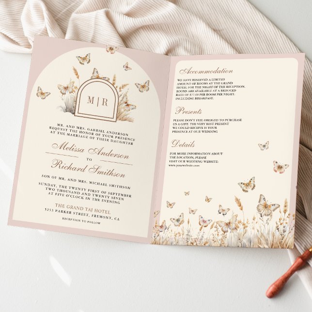 Blush Pink Cream Wildflower Butterfly Arch Wedding Invitation (Creator Uploaded)