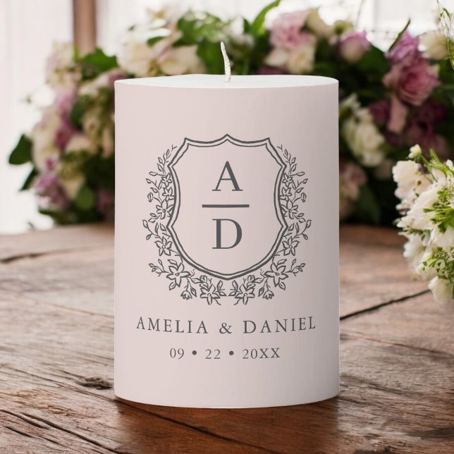 Blush Pink Crest Botanical Monogram Wedding Pillar Candle (Creator Uploaded)