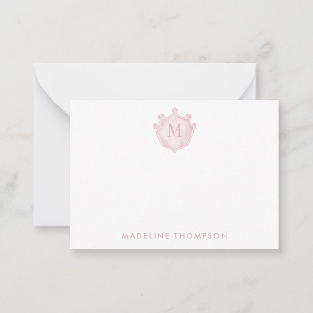 Blush Pink Crest Classic Monogram Note Card (Front)