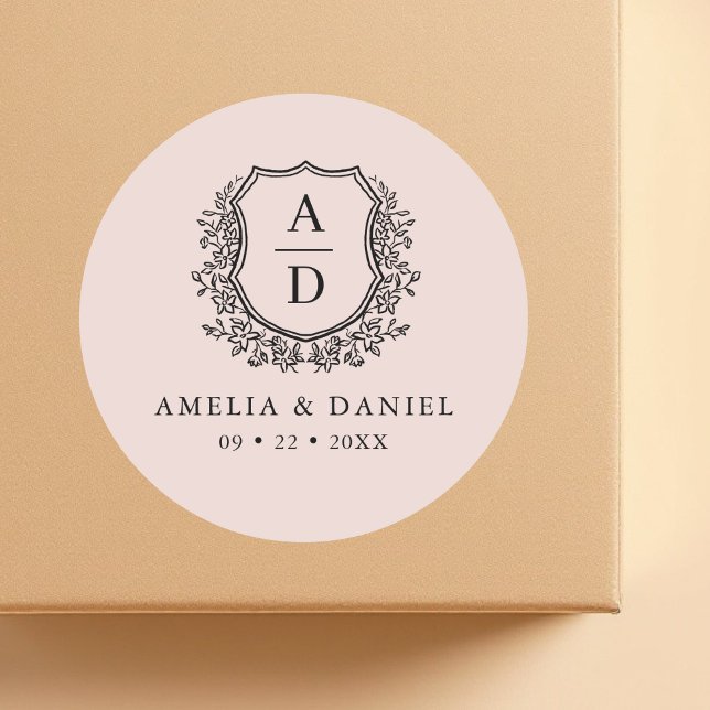 Blush Pink Crest Modern Monogram Wedding  Classic Round Sticker (Creator Uploaded)