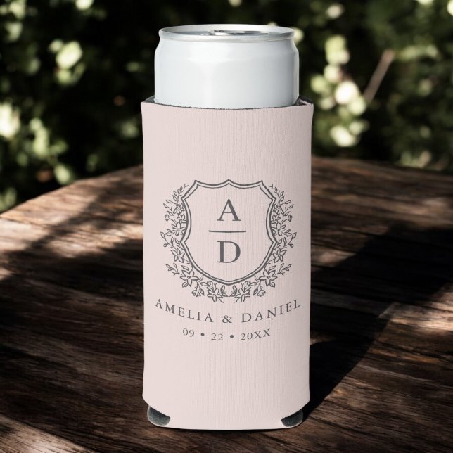Blush Pink Crest Modern Monogram Wedding  Seltzer Can Cooler (Creator Uploaded)