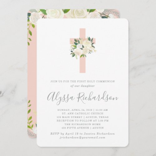 Blush Pink Cross and Flowers First Holy Communion Invitation